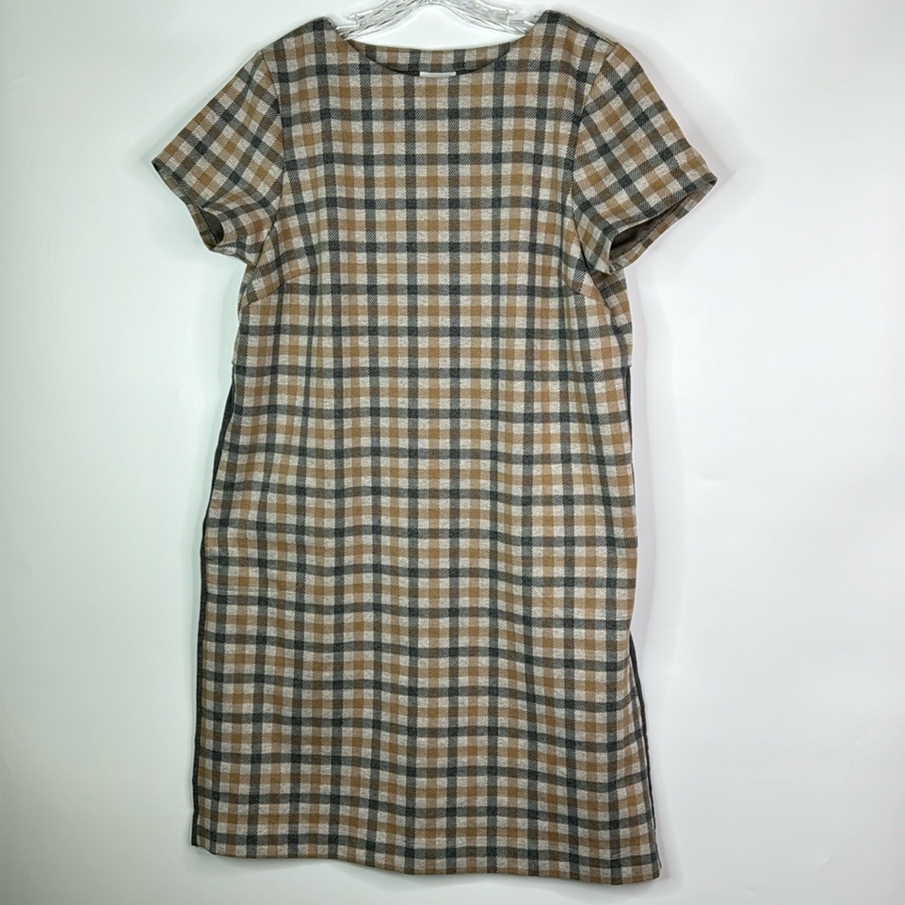 J.Jill Brown Gray Plaid Short Sleeve Shift Dress Size Large Tall